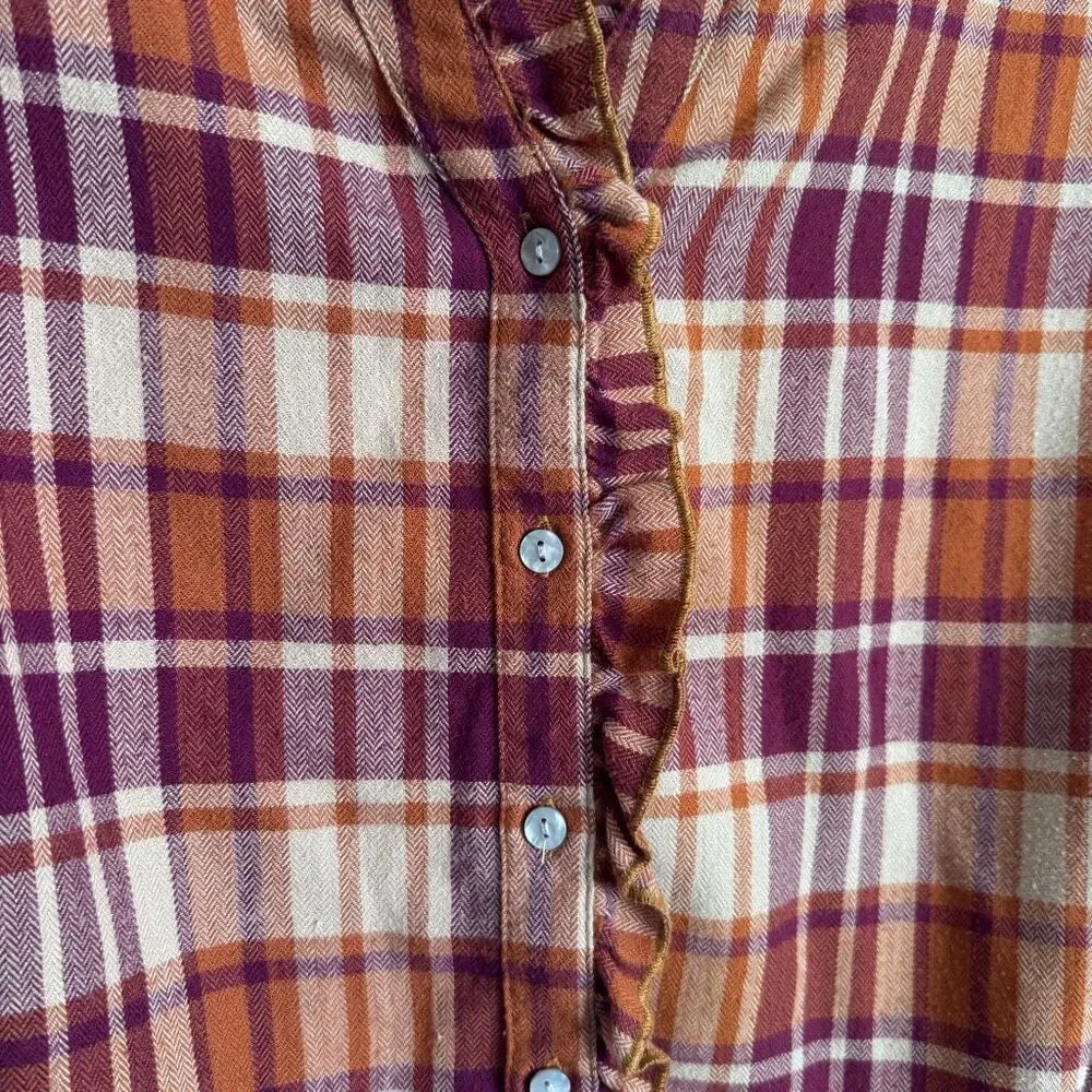 FRYE Ruffle Placket Plaid Button Down Flannel Shirt L - Picture 4 of 7